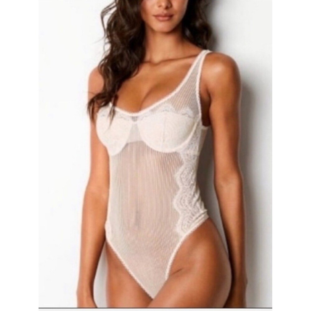 Victoria's Secret DREAM ANGELS Floral Lace Stripe Teddy BODYSUIT mesh sheer 32B